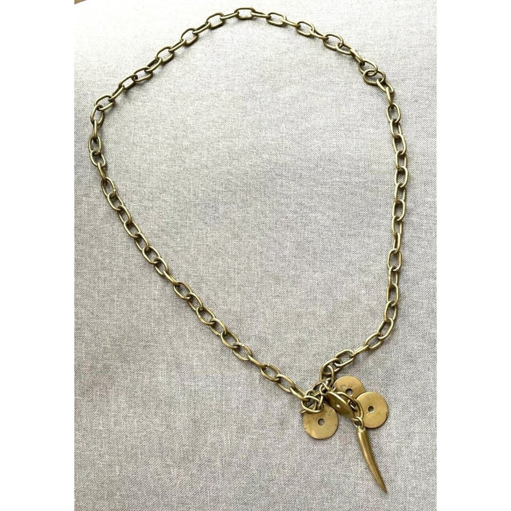 Gold Tone Brass Like Chain Necklace with Disc and Horn Accents